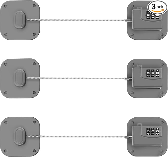 Refrigerator Lock, Heavy Duty Fridge Lock, Combination Lock for Refrigerator Cabinets, Drawers, Safety, Easy Install No Keys Needed (Grey-3Pack)