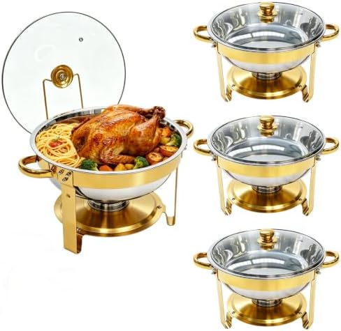 4-Pack 6QT Chafing Dishes for Buffet, 304 Stainless Steel Chafing Dish Buffet Set with Glass Lids & Lid Holders – Food Warmers for Parties, Weddings, Birthdays & Catering, Gold by Charcofire