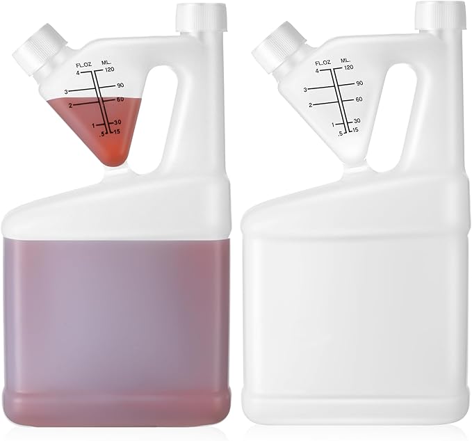2 Pcs 32oz Tip Measure Containers Tip and Pour Measuring Containers HDPE Chemical Measuring Cups with Lids Plastic Bottle, up to 4oz Capacity (32oz)