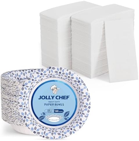JOLLY CHEF 160 Count Paper Bowls 20oz Disposable Bowls Bulk，600 Pack Disposable Paper Napkins，2-Ply White Paper Hand Towels by JOLLYCHEF
