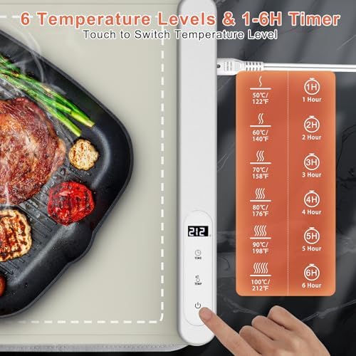 FYY Warming Mat for Food with Heat Resistant Pad, Prevent Countertop Cracks, Keep Meal Warm, Rapid and Full Surface Heating, 6 Temp Settings 6H Timer, Upgraded Rollable Portable Food Warmer Mat Khaki - Image 4