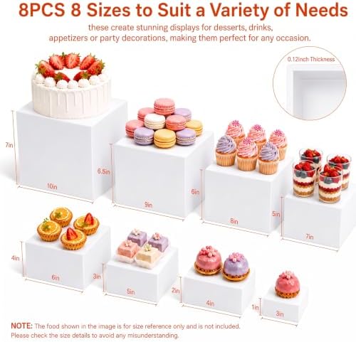 8-Piece White Acrylic Buffet Risers with Signs for Dessert Table - Image 4