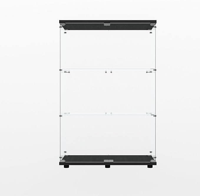 Glass Display Cabinet with LED, 3 Shelves with 2 Doors, Curio Storage Cabinets with Lock for Living Room, Office, Floor Standing Glass Bookshelf, Quick Installation - Black