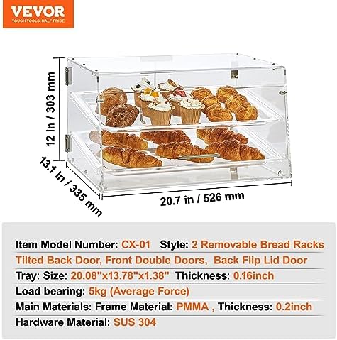 VEVOR Pastry Display Case, 2-Tier Commercial Countertop Bakery Display Case, Acrylic Display Box with Rear Door Access & Removable Shelves, Keep Fresh for Donut Bagels Cake Cookie, 20.7"x13.2"x11.9" - Image 7