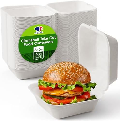 6" Sugarcane to go food containers, 1-Compartment Clamshell Food Containers by JOLLYCHEF
