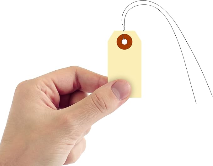 SmartSign Blank Manila Shipping Tags with Wire, Size-1, Pack of 100, 13pt Thick Prewired Cardstock Tag, 2.75 x 1.375 inch Paper Hang Tags with Reinforced Fiber Patch