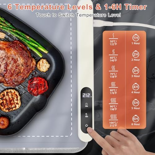 FYY Extra Large Warming Mat for Food with Heat Resistant Pad, Prevent Countertop Cracks, Keep Meal Warm, Rapid and Full Surface Heating, 6 Temp Settings, 6H Timer, Rollable Portable Food Warmer, Grey - Image 5