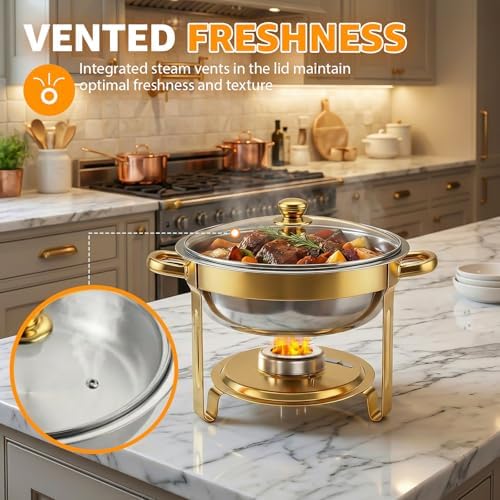 4 Pack 5QT Gold Chafing Dishes for Buffet,Installation-Free Stands,Round - Image 6