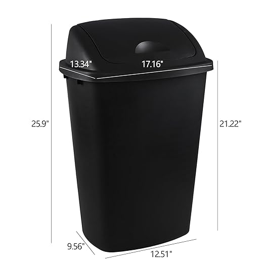 4-Pack 13 Gallon Waste Basket with Swing-Top Lid, Black Garbage Bin, Commercial Trash Can for Kitchen, Outdoor, Garage and School, Fits 13 Gal Liners