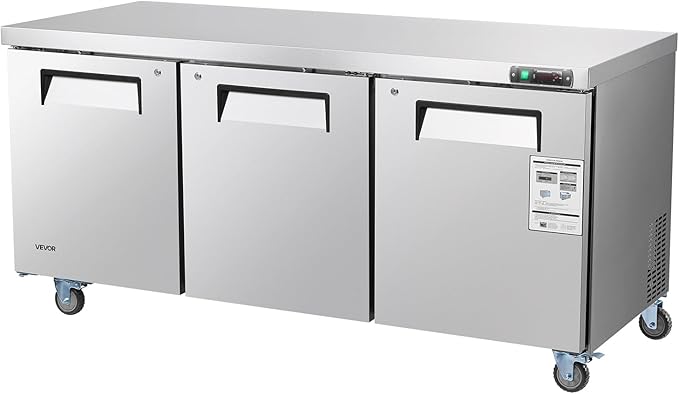 VEVOR 72" W Commercial Freezer, 17.7 Cu.Ft Worktop Freezers Undercounter with LED Auto Lighting and Lockable Door, 3 Doors Food Freezing Prep Worktable, Stainless Steel Prep Frozen Table with Casters