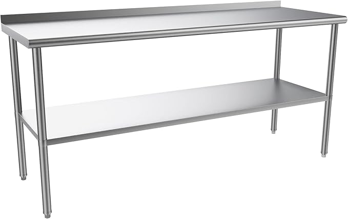 ROVSUN 72'' x 24'' Stainless Steel Table for Prep & Work,Commercial Worktables & Workstations,Heavy Dut Metal Table with Adjustable UnderShelf & Backsplash for Kitchen, Restaurant,Home,Hotel