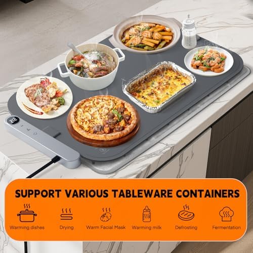 Homelove Warming Mat for Food - Electric Warming Tray with 7-Level Temp Settings & 6 Hours Timer, Full Surface Graphene Heating, Waterproof Dishwasher-Friendly Food Warmer for Parties, Kitchen (Grey) - Image 6