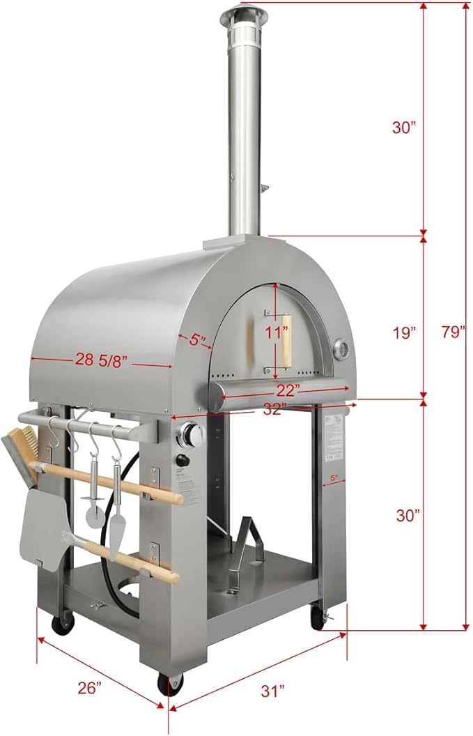 32.5" Dual Fuel Pizza Oven - Wood Fired or Propane Gas Fueled, Large Outdoor Oven with 4 Casters, 8 pcs Pizza Stones for BBQ, Grilling, 430 Stainless Steel Pizza Oven for Backyard, Camping and Party