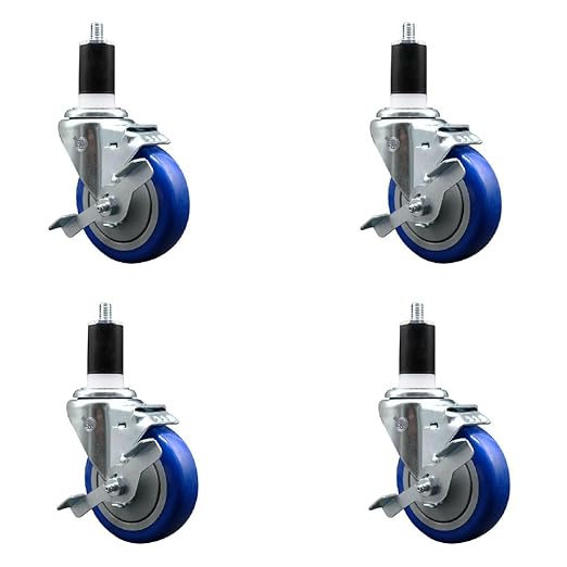 Service Caster Brand Replacement Set for Uline Casters - Swivel 1-1/2 Inch Expanding Stem Casters with 4 Inch Blue Polyurethane Wheel-Includes 4 Swivel Casters and Brakes - Fits Uline Worktable H-5746