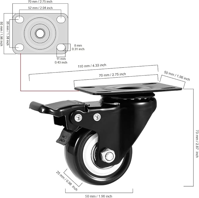 2 inch Casters Set of 24 Heavy Duty - CLOATFET Locking/Swivel Caster Wheels with Brake (Top Plate), Non Marking Black Castor Wheels for Cart Furniture Workbench