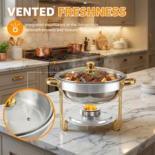 Chafing Dishes for Buffet，2PACK 4.5QT Round Chafing Dishes for Buffet, Gold and Silver Stainless Steel Chafing Dish Buffet Set with Glass Lid and Lid Holder for Home Parties,Wedding,Church Events - Image 7