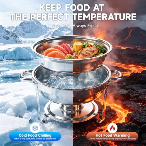 Chafing Dishes for Buffet, 2 Pack 5QT Stainless Steel Round Buffet Servers and Warmers, Buffet Warmer Set with 2 Serving Tongs & Spoons, Food Warmers for Parties, Weddings, Catering Events - Image 2