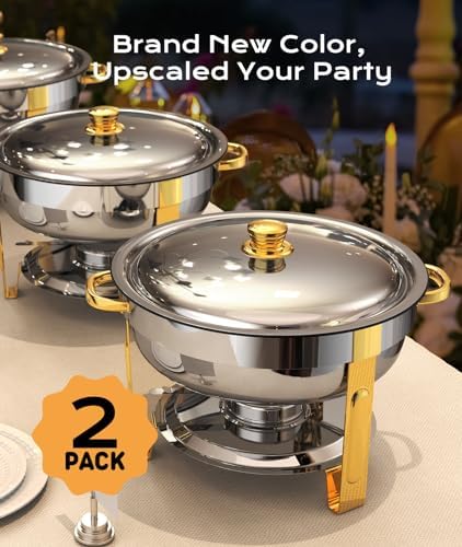 Chafing Dishes for Buffet 2 Pack, 6QT [Worry-Free Assemble] Round Chafing Dish Buffet Set [Elegant Gold and Silver Colors] Stainless Steel Chafers and Buffet Warmers Sets for Parties with Complete Set - Image 6