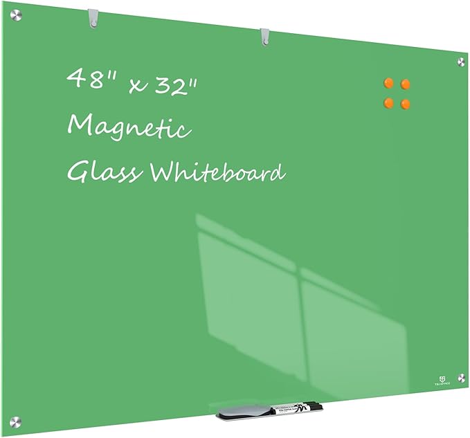 TSJ OFFICE Glass Dry-Erase Board - 48 x 32 Inches Wall Mounted Glass Whiteboard, Large Frameless Magnetic White Board for Office, Home & School, Green