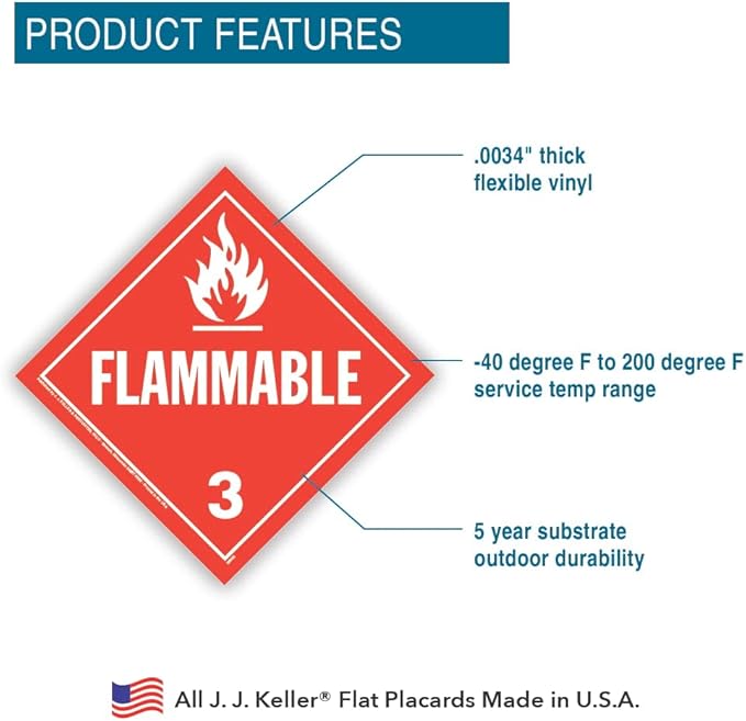 Class 3 Flammable Liquid Placard, Worded 25-pk. - 10.75" x 10.75" Removable Self Adhesive Economy Vinyl for Short-Term Applications, DOT Hazmat Compliant, J. J. Keller & Associates, Inc.