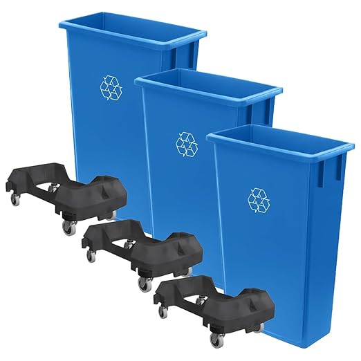 3 Pack 23 Gallon Waste Bin with Dolly, Heavy-Duty Trash Can, Slim Rectangular Garbage Bin, Durable Waste Container, Recycling Bin, Plastic Wastebasket for Kitchen, Garage, Restaurants, Office