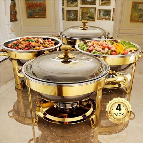 Chafing Dishes for Buffet, 4 Pack 5QT Round Stainless Steel Chafing Dish Set for Home Parties, Christmas Gatherings, Catering Events Complete Buffet Warmer Set (Golden 4) by KScocina