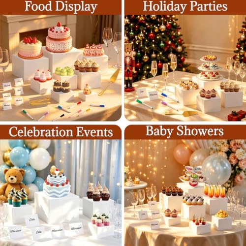 7 Pcs Buffet Risers with Mini Sign and Maker Serving Tongs Cake Cutter, White Acrylic Food Display Stands for Buffet Table Party Catering Dessert Nesting Cube Boxes with Hollow Bottoms (8",7",6",5",5",4",4") - Image 7
