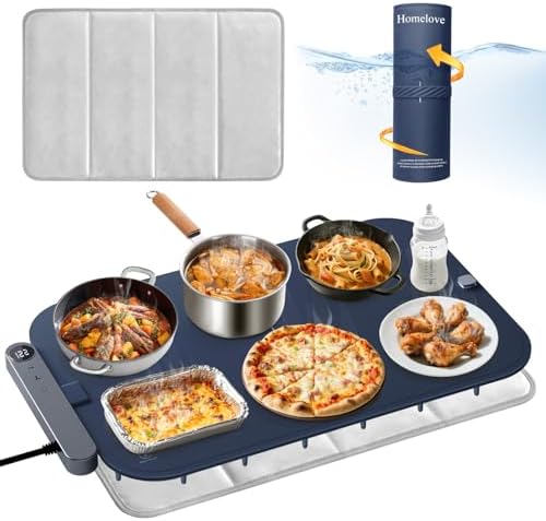 Homelove Warming Mat for Food - Electric Warming Tray with 7-Level Temp Settings & 6 Hours Timer, Full Surface Graphene Heating, Waterproof Dishwasher-Friendly Food Warmer for Parties, Kitchen (DBlue) by Homelove
