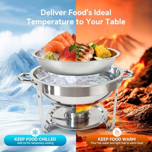 4-Pack Chafing Dishes for Buffet，6QT 304 Stainless Steel Round Chafing Dish Buffet Set - Complete Food Warmers with Lids, Water Pans, Fuel Can Holders for Catering & Wedding Receptions，Silver - Image 4
