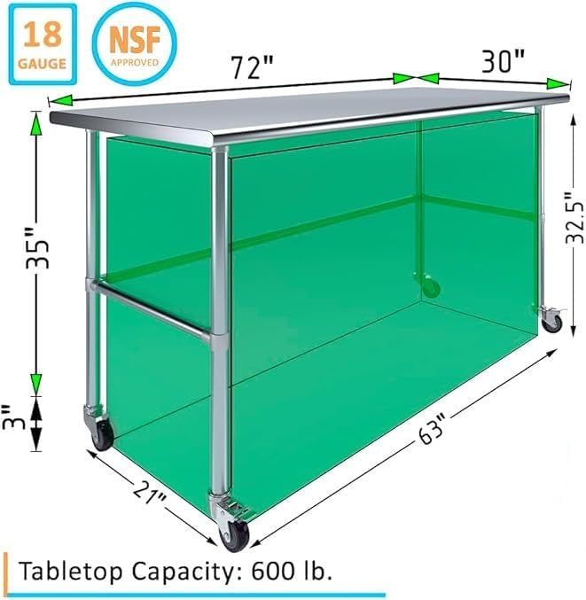 Stainless Steel Work Table Open Base & Wheels | Work Station | Metal Work Bench (Stainless Steel Work Table Open Base + Casters) (72" Long x 30" Deep)