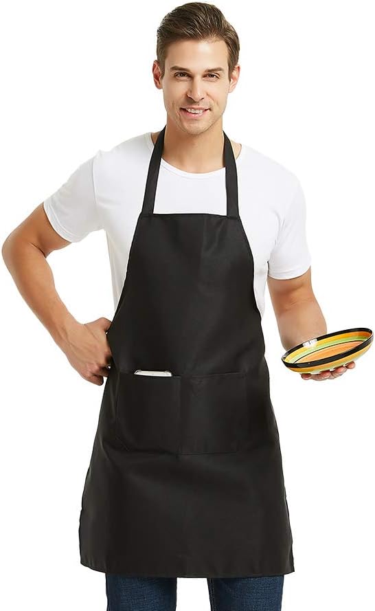 DUSKCOVE 8 Pack Bib Aprons Bulk - Unisex Black Commercial Apron with 2 Pockets for Kitchen Crafting BBQ Drawing Cooking
