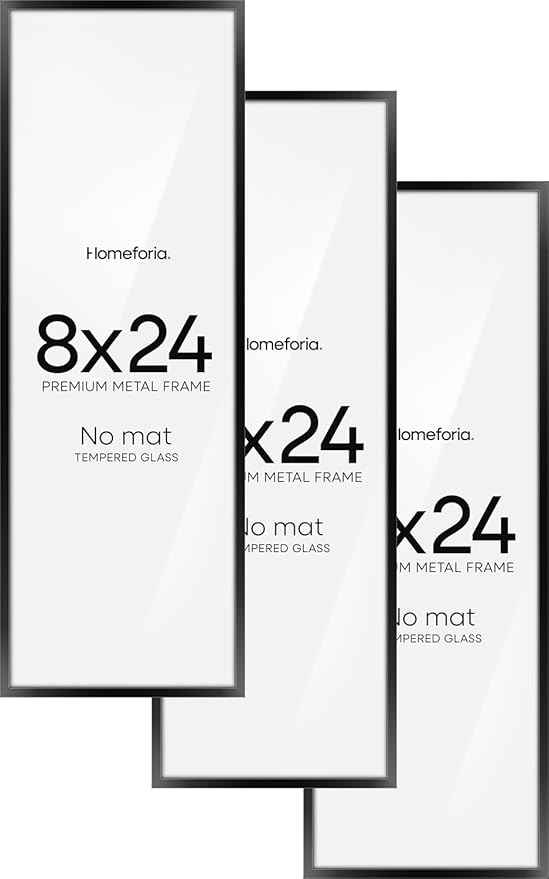 Homeforia 8x24 Black Panoramic Frame, High End Metal 8 x 24 Picture Frames without Mat, 24x8 Hanging Black Poster Frames for Wall, 8by24 inches Display Photo Frames, Tempered Glass, Wall Kit, Set of 3
