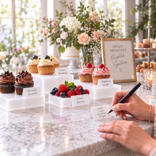 8-Piece White Acrylic Buffet Risers with Signs for Dessert Table - Image 6
