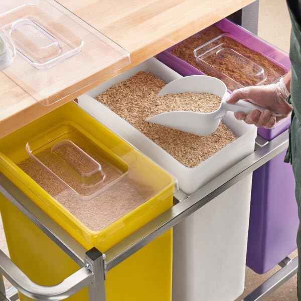 Mobile Triple Ingredient Storage Bin, 30 Gallon Capacity, Yellow/White/Purple, with Cart and Clear Lids, Commercial Kitchen Container, 36.5x17x29 Inches