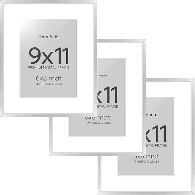 Homeforia 9x11 Picture Frame Silver, High End Metal 9 x 11 Frames with Mat 6 by 8 inch Photo, 9by11 Poster Frame Matted to 6x8 in Print, 11x9 Wall or Tabletop Frame, Tempered Glass, Wall Kit, Set of 3