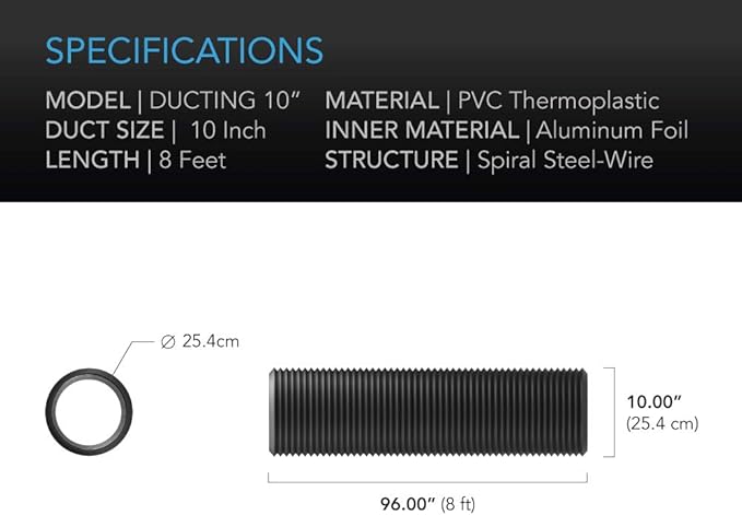 AC Infinity Flexible 10-Inch Aluminum Ducting, Heavy-Duty Four-Layer Protection, 8-Feet Long for Heating Cooling Ventilation and Exhaust