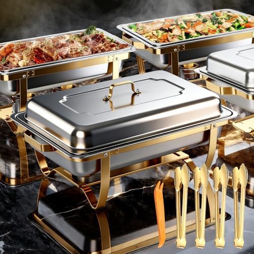 Chafing Dishes for Buffet, 4 Pack 9 QT Rectangular Stainless Steel Catering Chafer with Lids, Buffet Servers and Warmers, Food Warmers for Parties Buffet, Home, Wedding, Christmas Gatherings, (Golden) by Sturdon