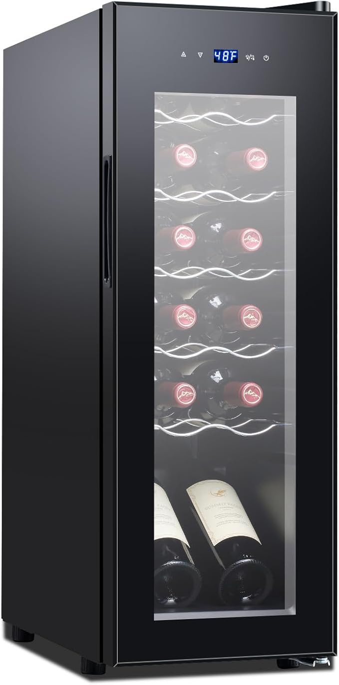 12 Bottle Black Wine Fridge,Freestanding Stainless Steel Small Wine Cooler For Red&White Wine,Wine Cooler Refrigerator 41°-64°F Digital Temperature Control Glass Door For Bar,Home Black