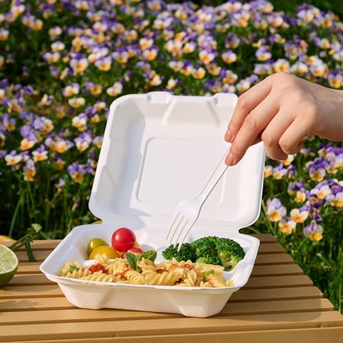 8" Sugarcane to go food containers, 3-Compartment Clamshell Food Containers - Image 5