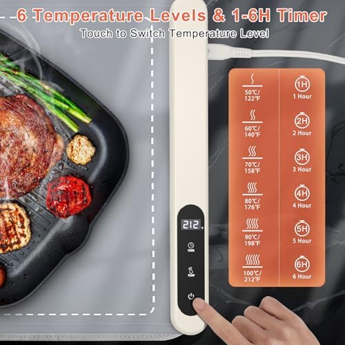 FYY Warming Mat for Food with Heat Resistant Pad, Prevent Countertop Cracks, Keep Meal Warm, Rapid and Full Surface Heating, 6 Temp Settings, 6H Timer, Upgraded Rollable Portable Food Warmer Mat Grey - Image 4