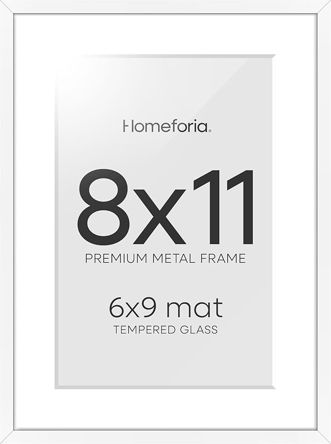 Homeforia 8x11 Picture Frame White, High End Metal 8 x 11 Poster Frames with Mat 6 by 9 for Photo, 11x8 Frame Matted to 6x9 inch Print, 8by11 Wall or Tabletop Frames, Tempered Glass, Wall Kit, Set of 1