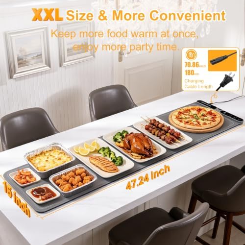 Warming Mat for Food Extra Large, XXXL (47"x15") Electric Food Warming Mat with 7 Level Temp & 8 Hours Timer, Flexible Food Heating Pad with Heat-Resistant Mat, Warming Trays for Buffets Party, Gray - Image 2