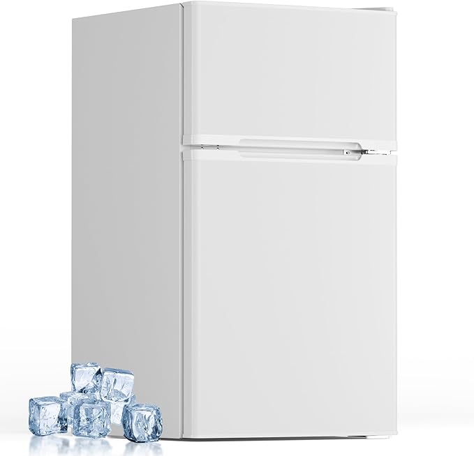 Mini Fridge with Freezer, 3.2 Cu.Ft Compact Refrigerator with 2 Doors, Small Fridge with Adjustable Thermostat & Removable Glass Shelves for Bedroom, Office, Dorm, or Apartment, White