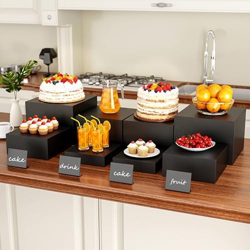 Metal Buffet Risers,4PCS OVERSIZED Food Risers for Buffet Table 8''X9''10''X11''Display Stand with Mini Acrylic Signs for Catering Dessert Collectibles Jewelry Figures Show Matte Black Cube Boxes Nesting Risers with Hollow Bottoms - Image 3