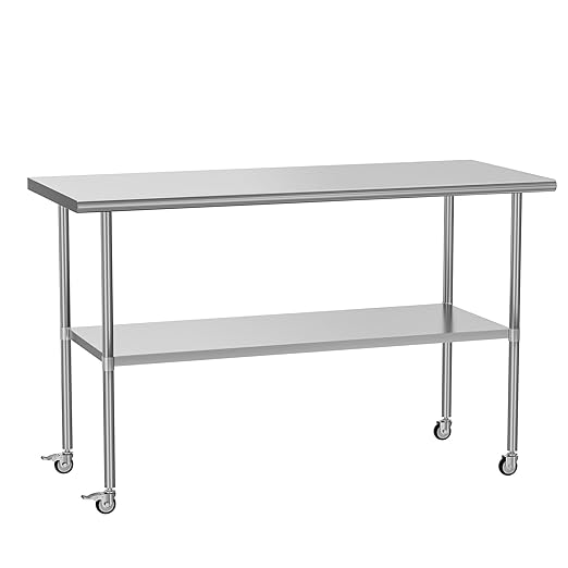 Stainless Steel Table with Wheels for Food Prep & Work 30" x 60" Utility Table with Adjustable Undershelf, Commercial Workstation in Kitchen, Garage, Outdoor BBQ