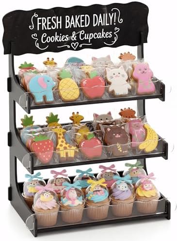 HOTCAN Cookie Display Stand for Bakers & Vendors with Acrylic Front | Wooden Dessert Stand with Chalkboard Sign for Market Booths, Craft Fairs & Events | 3 Tiered Cookie Display for Cupcakes, Muffins & Pastries (Black) by HOTCAN