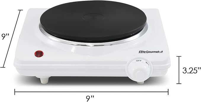 Elite Gourmet ESB-301F Countertop Single Cast Iron Burner, 1000 Watts Electric Hot Plate, Temperature Controls, Power Indicator Lights, Easy to Clean, White