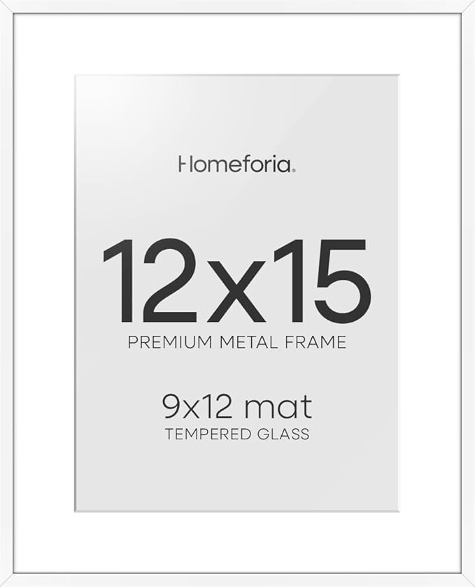 Homeforia 12x15 Picture Frame White, High End Metal 12x15 Poster Frames with Mat 9x12 for Photo, 12 x 15 White Frame Matted to 9 by 12 Print, 15x12 Thin Hanging Frame, Tempered Glass, Wall Kit, Set of 1