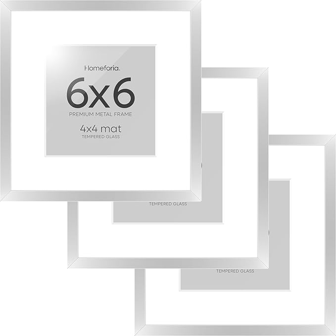Homeforia 6x6 Silver Picture Frame, High End Metal 6 x 6 Square Frames with Mat 4 by 4 Photo, 6x6 Brass Frame Matted to 4x4 inch Print, 6by6 Wall or Tabletop Frames, Tempered Glass, Wall Kit, Set of 3