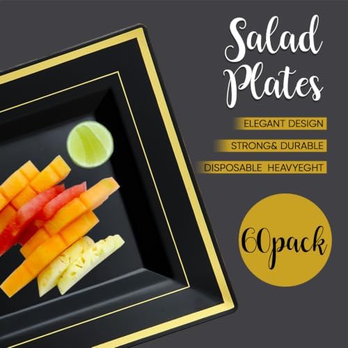 JOLLY CHEF 60 Pack Plastic Plates With Gold Rim 9.5 Inch Disposable Plates - Image 2